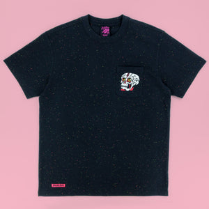 Killer Acid Black Skull Pocket T-Shirt - speckled black tee with embroidered skull pocket patch