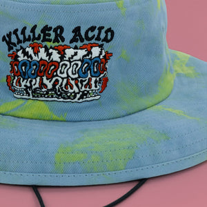 Killer Acid Uncle Scam skull bucket hat, blue and green tie-dye with embroidered red, white and blue skulls