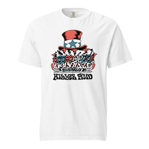 Killer Acid Uncle Scam t-shirt with a red, white and blue melting-skull Uncle Sam parody print