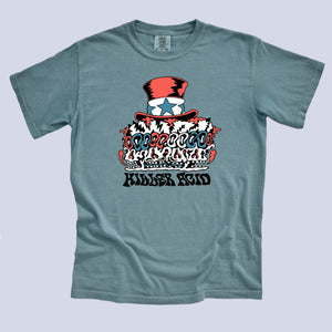 Killer Acid Uncle Scam t-shirt with a red, white and blue melting-skull Uncle Sam parody print