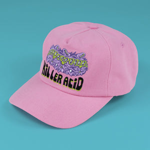 Front view of pink hat with wavy cat patch