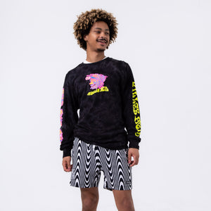 Killer Acid Wavy Vision swim trunks in a black-and-white op-art wavy stripe print