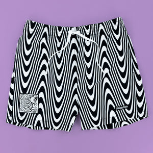 Killer Acid Wavy Vision swim trunks in a black-and-white op-art wavy stripe print