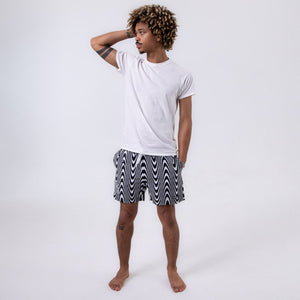 Killer Acid Wavy Vision swim trunks in a black-and-white op-art wavy stripe print