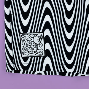 Killer Acid Wavy Vision swim trunks in a black-and-white op-art wavy stripe print
