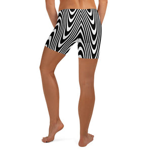 Killer Acid Wavy Vision yoga shorts - black & white op-art wavy stripe print, four-way stretch