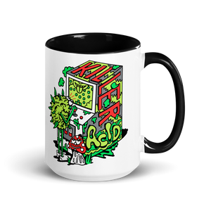 White 15oz ceramic mug with black rim/handle, featuring colorful Killer Acid arcade game art.
