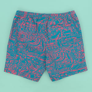 Killer Acid Wild Shroom Shorts - pink and teal all-over psychedelic creature print swim shorts