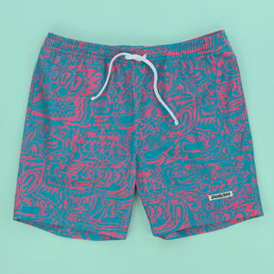 Killer Acid Wild Shroom Shorts - pink and teal all-over psychedelic creature print swim shorts