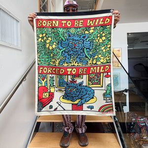 Killer Acid Wild Mild Banner - blue cat Born To Be Wild Forced To Be Mild wall flag