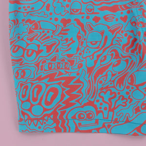 Killer Acid Wild Shroom swim trunks with an all-over teal and coral print of wild melting creatures and critter faces